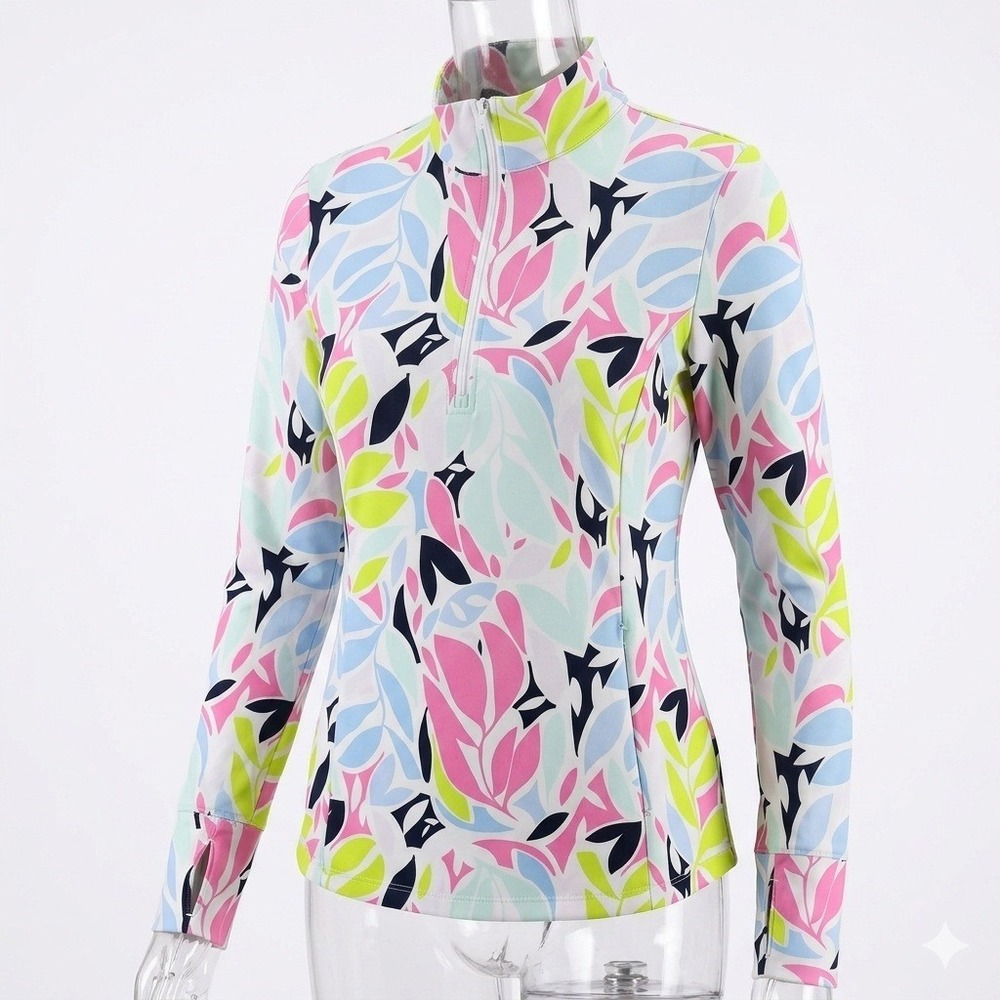 Tommy Bahama Golf Womens Large Pink Lime Floral Quarter Zip Pullover Thumbhole